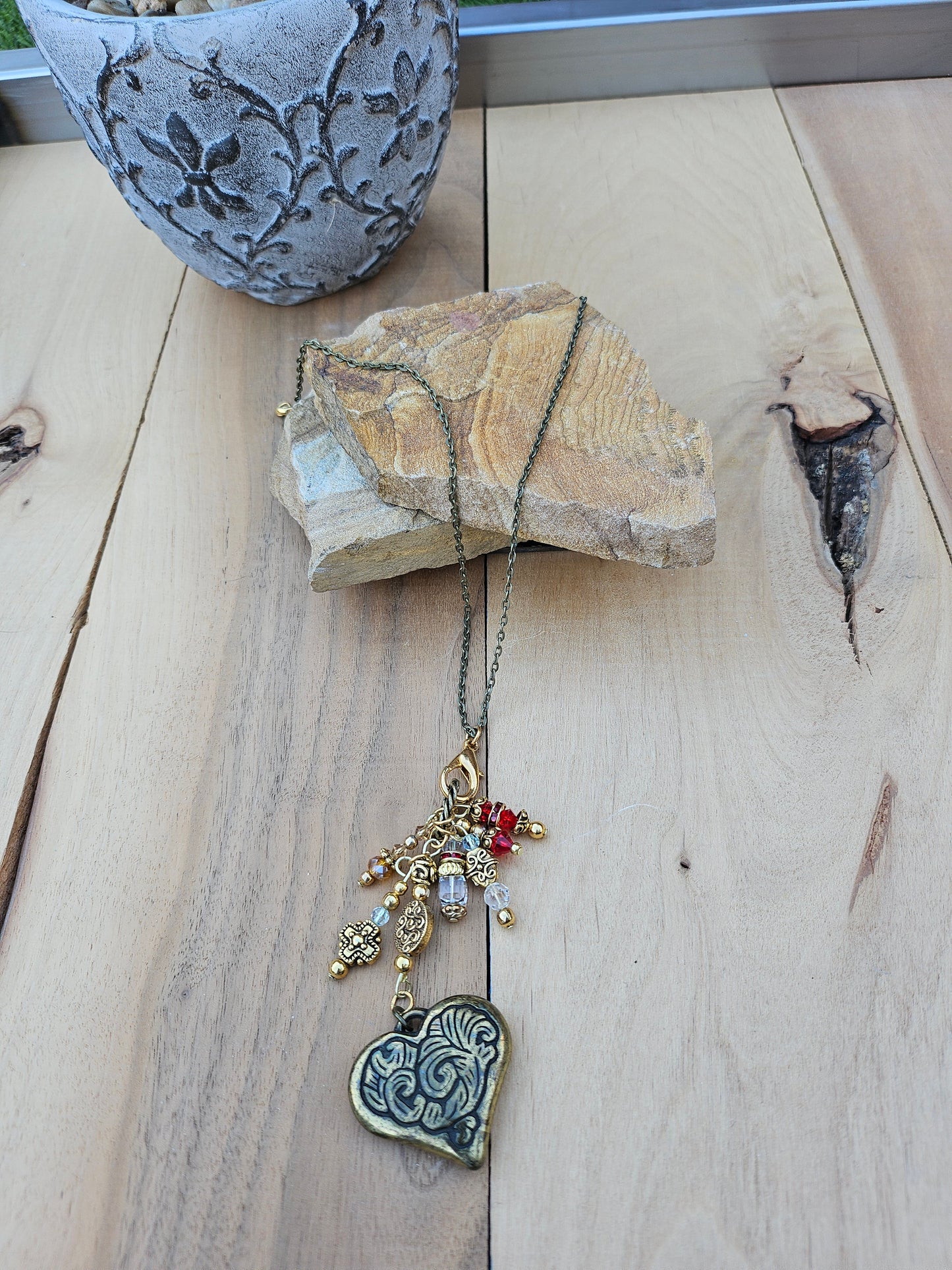 Etched Vintage Heart Necklace with Crystals and Chain