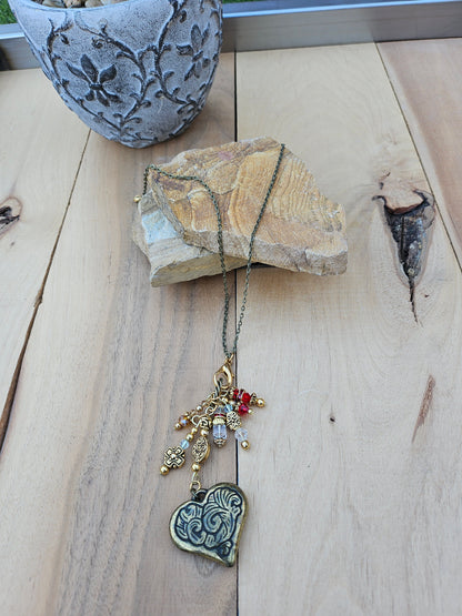 Etched Vintage Heart Necklace with Crystals and Chain