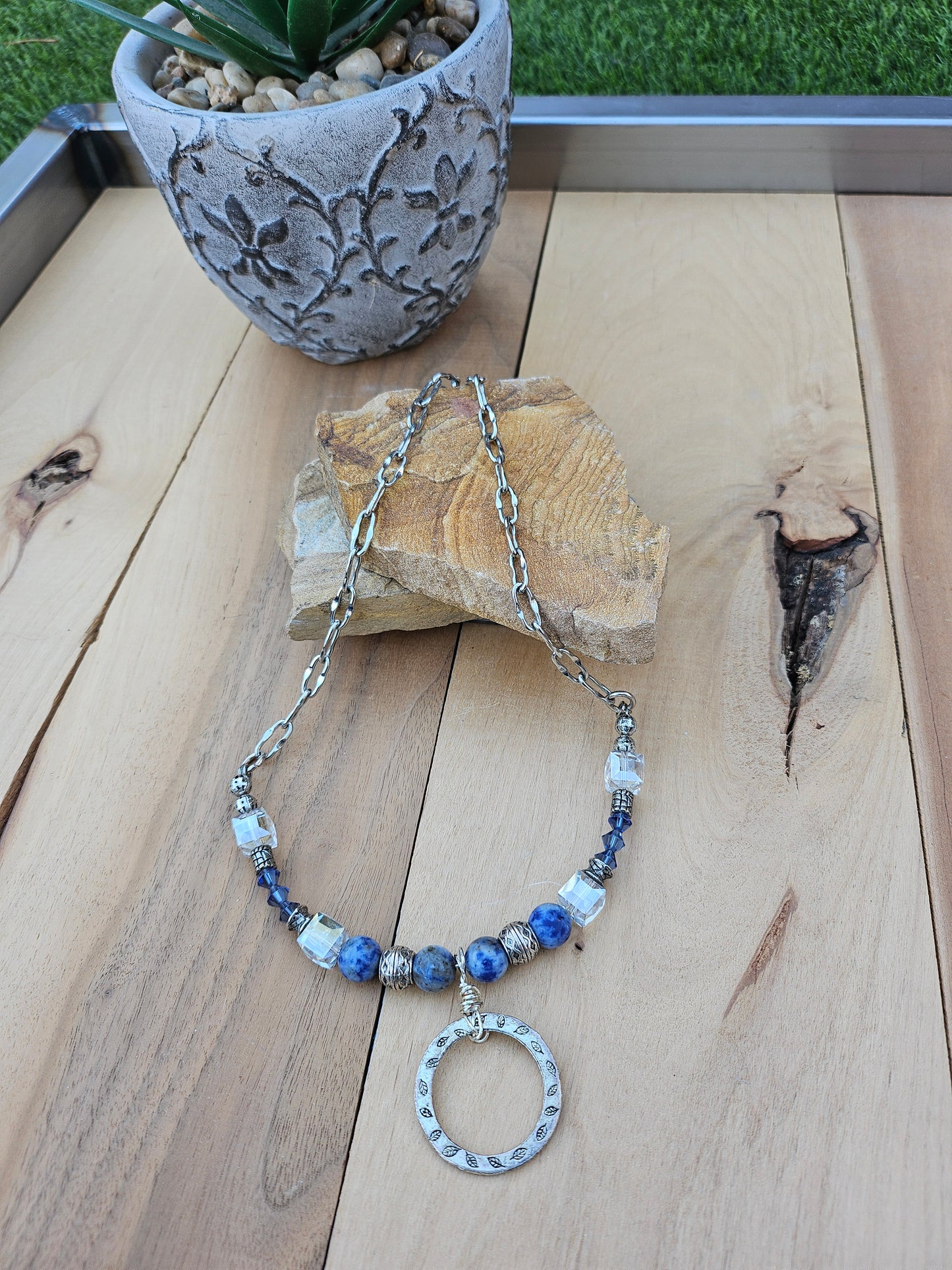 Necklace and Earring Set with Blue Lapis Beads and Crystal with Silver Round Drop