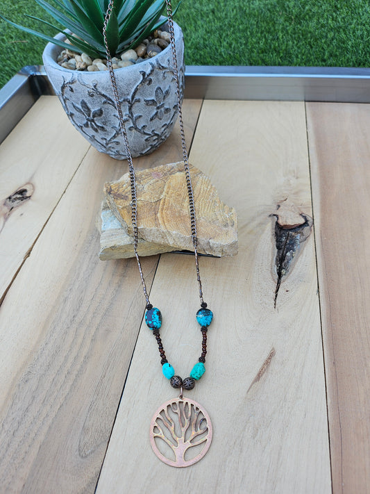 Turquoise Howlite and Copper Necklace/Earring set with Tree of Life Pendant