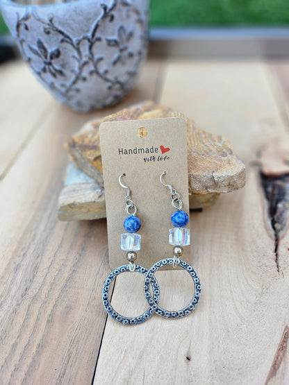 Necklace and Earring Set with Blue Lapis Beads and Crystal with Silver Round Drop