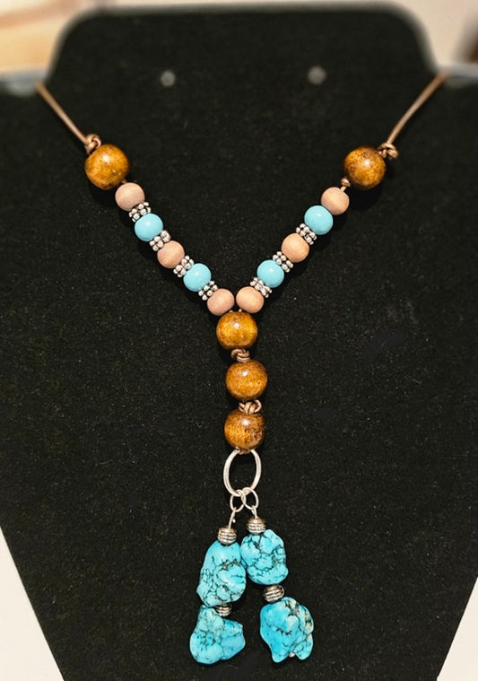 Turquoise Howlite and Wood Bead Necklace