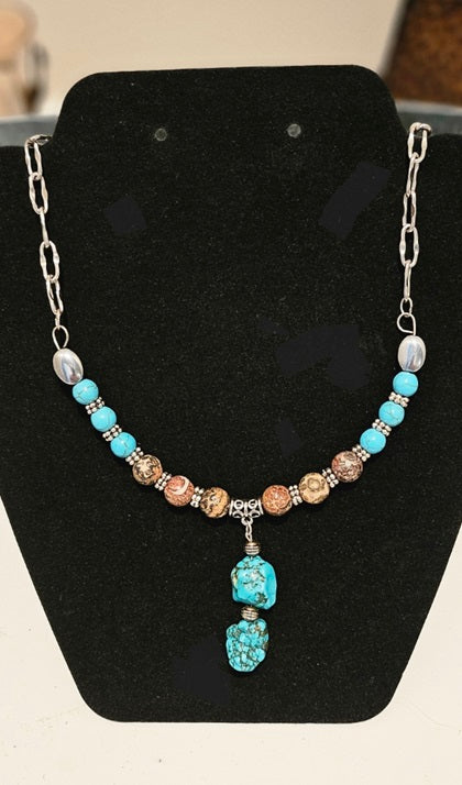 Turquoise Howlite and Wood Bead Necklace/Earring Set