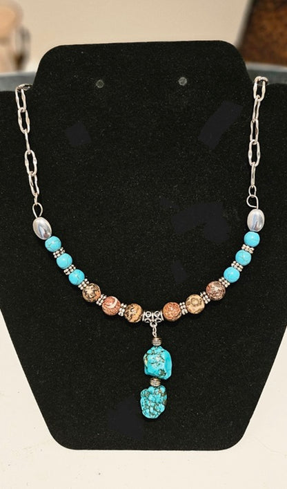 Turquoise Howlite and Wood Bead Necklace/Earring Set