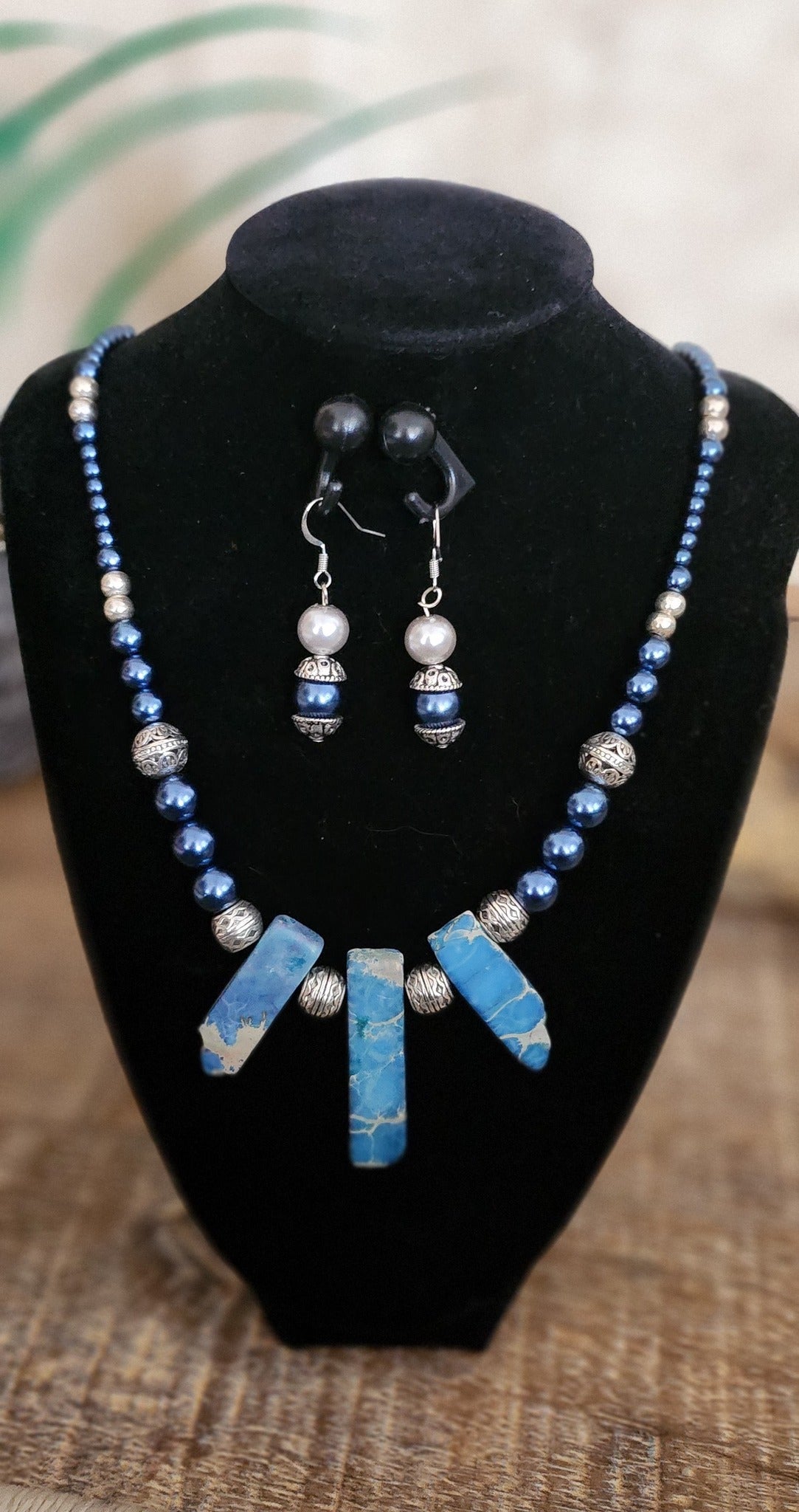 Blue Howlite Gemstone Necklace and Earrings Set