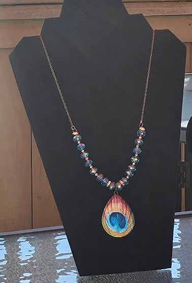 Painted Feather on Metal Pendant Necklace and Earring Set