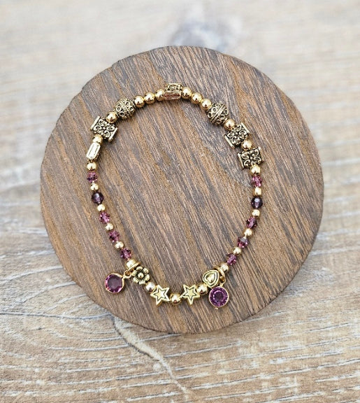 Gold Stretchy Bracelet with Amethyst drops